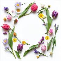 Vibrant floral arrangement featuring various spring blooms on a white background photo