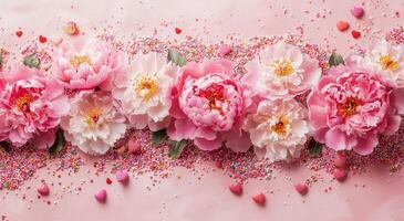 Beautiful arrangement of pink peonies with colorful sprinkles and heart shapes on a soft pink background photo