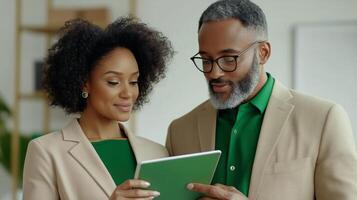 Professional couple discussing ideas while using a tablet in a modern office setting photo