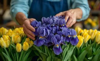 Arranging purple irises and yellow tulips in a floral shop during daytime preparations photo