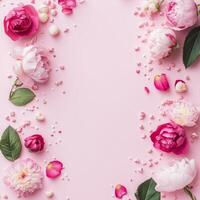 Beautiful arrangement of pink peonies and rose petals on pastel pink background for a floral display photo