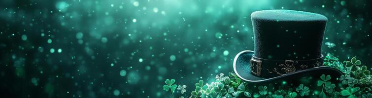 Green top hat resting on clovers with a glowing background in a whimsical setting photo