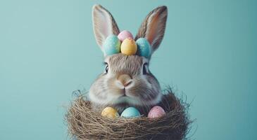 Cute rabbit wearing pastel eggs on its head sits in a nest during springtime festivities photo