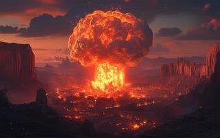 Explosive eruption at sunset in a dramatic landscape of mountains and volcanic activity photo