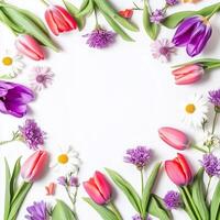 Colorful arrangement of assorted flowers on a white background for a fresh spring ambiance photo