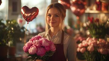 Flower shop employee holding peonies surrounded by heart-shaped balloons in a cozy setting photo