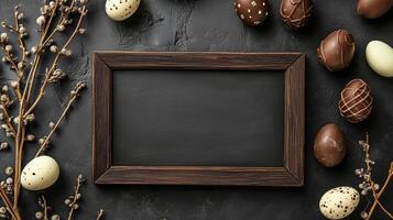 Festive chocolate eggs and framed blank space ready for spring celebration messages photo