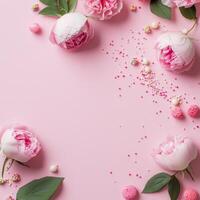 Beautiful pink peonies and decorative candies on a pastel pink background for a vibrant celebration setup photo