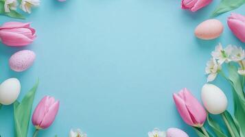Bright spring flowers and pastel eggs arranged on a blue background for festive celebration photo
