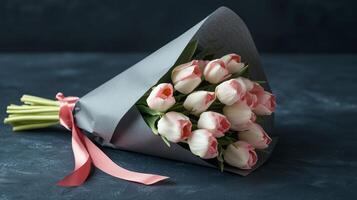 Beautiful bouquet of pink and white tulips wrapped with ribbon on dark surface photo