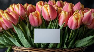 Colorful tulips arranged in a basket with a blank card for customizable messages photo