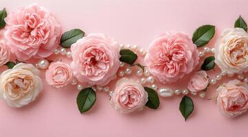 Elegant arrangement of pink roses and pearls on a soft pink background for floral decoration photo