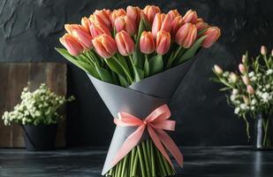 Beautiful bouquet of peach tulips arranged elegantly with green leaves and a ribbon bow photo