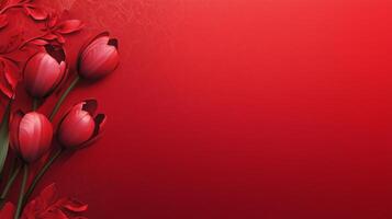 Elegant red tulips on a vibrant red background for festive decor photo