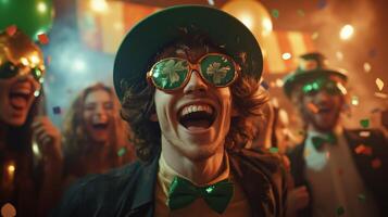 Festive celebration with friends wearing green accessories and enjoying the party atmosphere photo