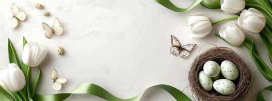 Elegant spring arrangement with tulips, butterflies, and decorative eggs on neutral background photo