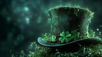 Mossy top hat adorned with clovers in a mystical forest setting photo