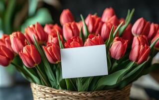 Beautiful red tulips in a woven basket with a blank card for personal messages and greetings photo