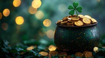 Lucky pot of gold with clover in a mystical setting during a festive celebration photo
