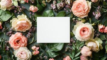 Decorative floral arrangement with blank card for invitations or messages photo