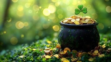 Treasure of gold coins in a pot with a lucky clover in a mystical green forest photo