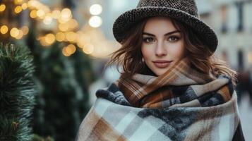 Young woman in stylish hat and scarf poses in festive street decorated with lights photo