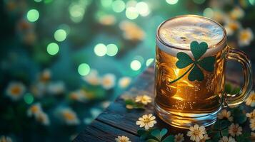 Refreshing beer decorated with a shamrock amidst flowers and bokeh lights in a spring setting photo
