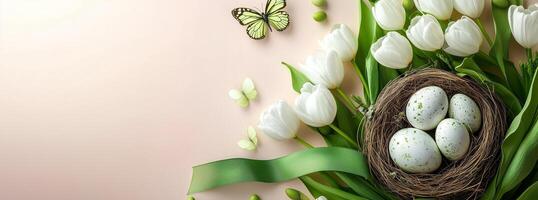 Spring arrangement with white tulips, green ribbons, and decorative eggs on a light background photo