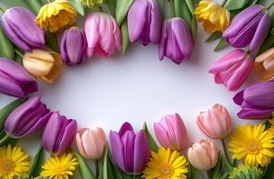 Colorful arrangement of tulips and daisies in a vibrant floral display photo