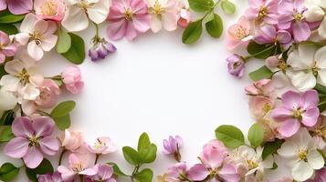 Beautiful arrangement of spring flowers in various colors on a white background photo
