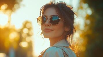 Woman wearing sunglasses enjoys sunset in a warm outdoor setting photo