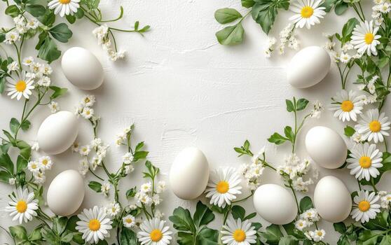 Spring arrangement of white eggs surrounded by flowers and greenery on a light textured background photo