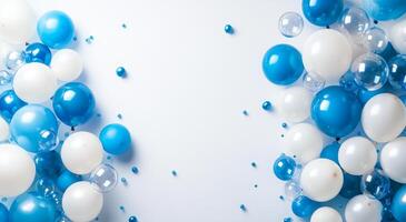 Decorative arrangement of blue and white balloons on a light background for celebrations photo