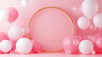 Decorative setup with pink and white balloons for a festive celebration in a bright atmosphere photo