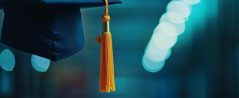 Graduation cap hanging with golden tassel illuminated by soft blue lights at an evening ceremony photo