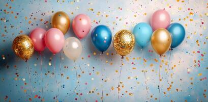 Colorful balloons and confetti create a festive atmosphere for celebrations in a bright setting photo