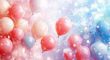 Colorful balloons floating against a vibrant background with confetti for a festive celebration photo