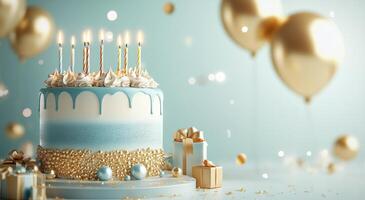 Celebrate a joyful birthday with a beautifully decorated cake and festive decorations at a party photo