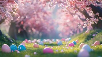 Springtime egg hunt among blooming cherry blossom trees in a serene park setting photo