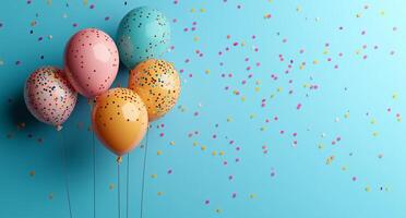 Colorful balloons with confetti on blue background for celebration moments photo