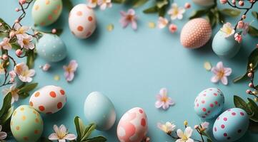 Colorful Easter eggs arranged on a blue background with delicate flowers and greenery photo