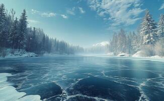 Winter landscape with frozen lake and snow-covered trees under a clear blue sky photo