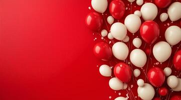 Balloons in red and white colors decorate a festive backdrop for celebrations or events photo