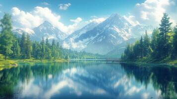Stunning mountain landscape reflecting in tranquil lake surrounded by lush trees in bright daylight photo