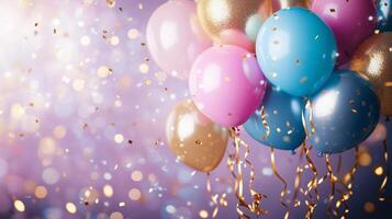 Colorful balloons and confetti create a festive atmosphere for a celebration during a party photo