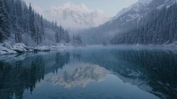 Tranquil winter landscape with snowy mountains reflecting in calm lake water photo