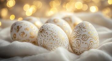 Elegant decorated eggs on soft white fabric with golden details during festive spring celebration photo