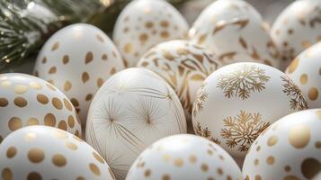 Decorative Easter eggs with gold patterns arranged creatively for spring celebration photo
