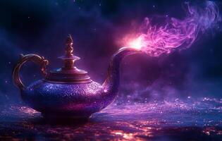 Enchanted lamp emitting colorful smoke in a mystical setting at night photo