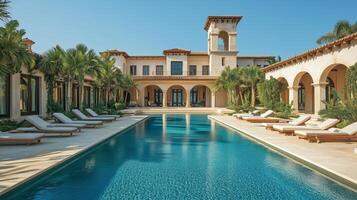 Luxurious villa with a serene pool surrounded by palm trees on a sunny day in a coastal region photo